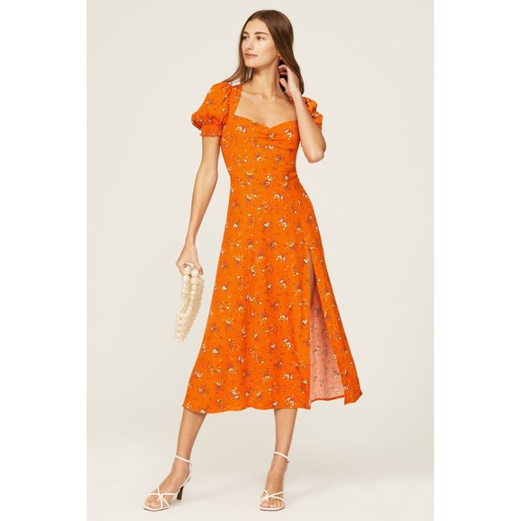 Reformation Dresses & Skirts - Reformation Lacey Dress Orange Ditsy Floral Puff Sleeve Midi Slit Size 6